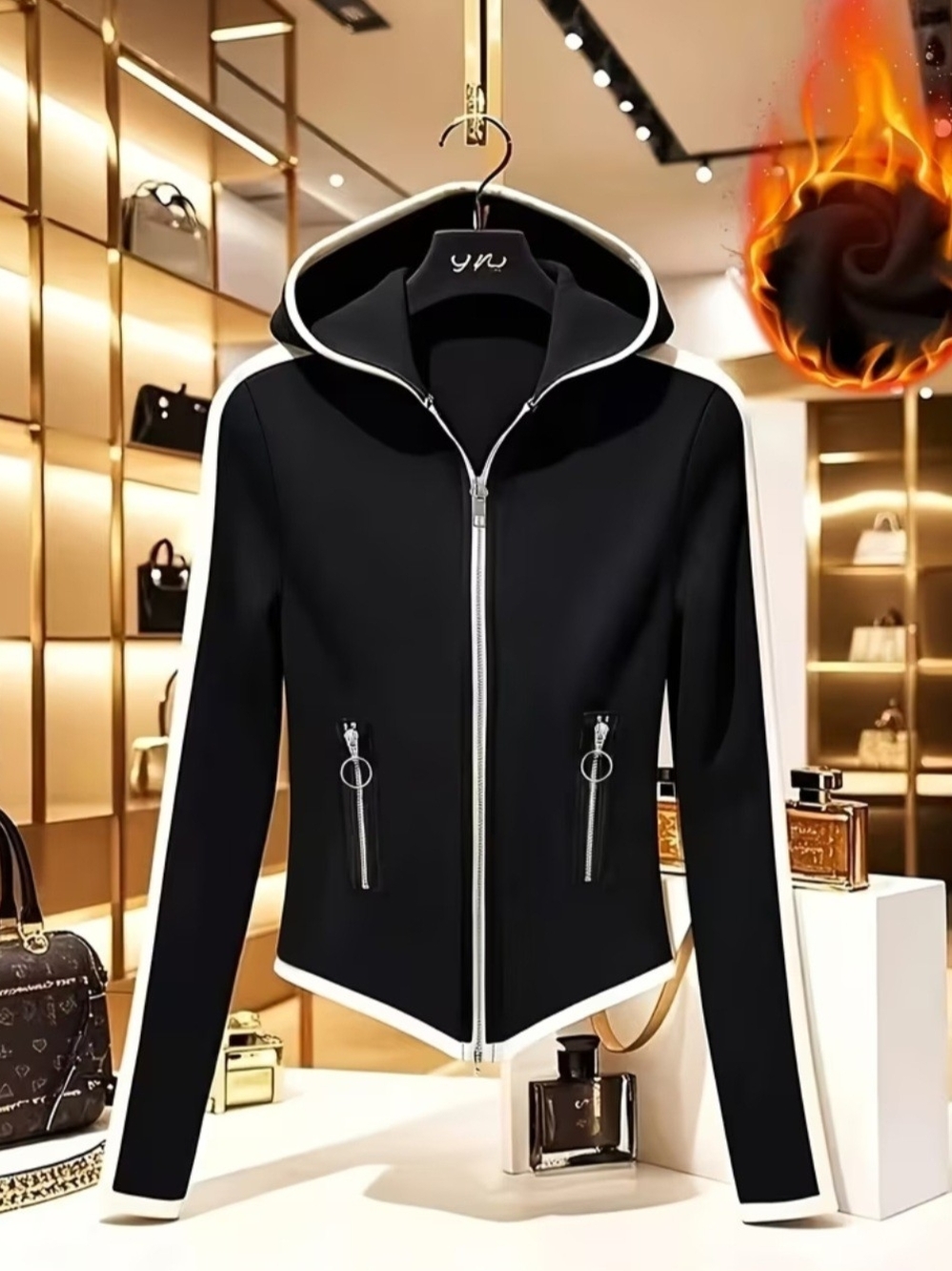 Black & White Hooded Zip-Front Women's Jacket